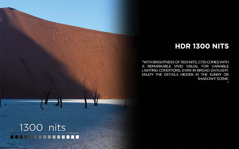 HDR 1300 NITS - With brightness of 1300 nits, C755 comes with a remarkable vivid visual for variable lighting conditions, even in broad daylight. Enjoy the details hidden in the sunny or shadowy scene.